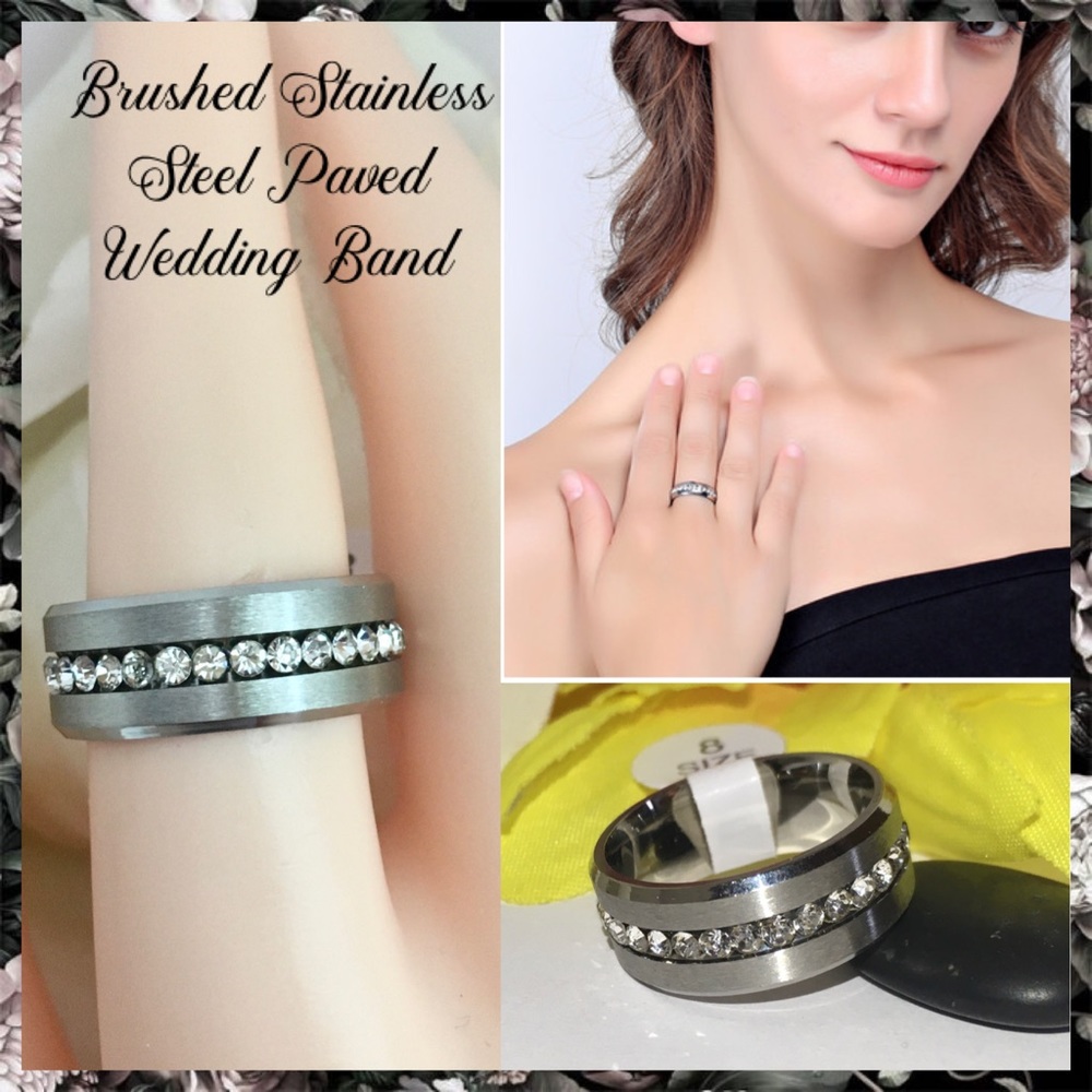 3-$15 8.0mm Stainless Steel Diamond Paved Wedding Band